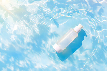 澄んだ青い水面に浮かぶ白いコスメボトル 爽やかな波紋と太陽光の背景素材