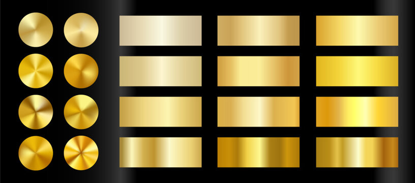 Luxury gold gradient collection and radial metallic mesh palettes. Vector set of golden foil textures, yellow brass and polished bronze swatches for elegant branding, jewelry design and premium decor.