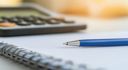 Blue pen resting on a spiral notebook with a blurred calculator behind, evoking accounting, budgeting, business planning and everyday finance management on a work desk