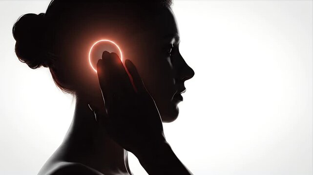 Silhouette of Woman Holding Ear Experiencing Pain with Highlighted Red Area in Bright White Background Medical