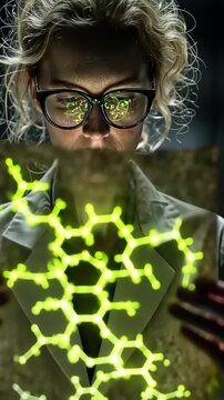Scientist Examines Glowing Molecular Structure in Laboratory.