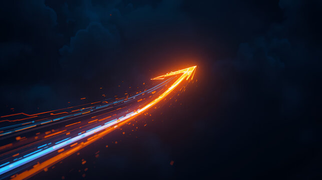 Bright orange arrow with streaks of blue light trails moving forward on a dark background symbolizing speed progress and direction