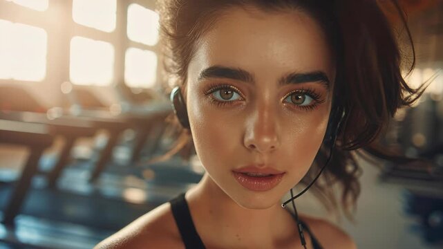 Focused Fitness: A determined individual with intent eyes is engaged in a workout session, enhanced by music. Focus on physical wellness and self-care