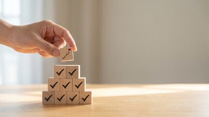 A Hand Placing Blocks in a Structured Pyramid on a Wooden Table