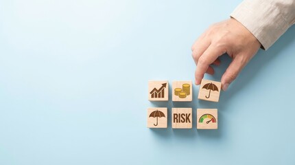 Managing Risk with Financial Blocks and Icons, Office Setting, Infographic Visuals, Professional Environment, Top-Down View