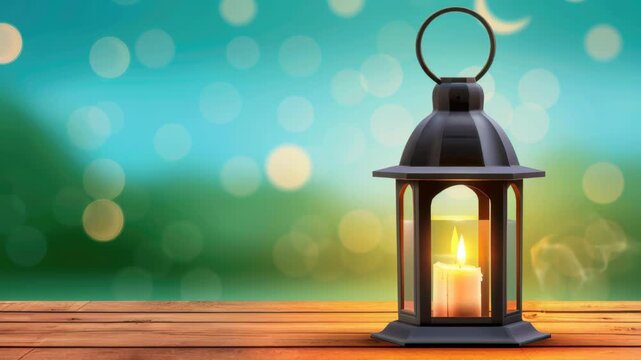 Lantern Lit: A beautiful, old-fashioned lantern with a warm, inviting glow of candlelight sits gracefully on a wooden surface, set against a backdrop of soft bokeh and an evening ambiance.