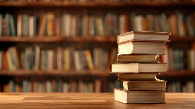 Stack of Books in the Library: A curated collection of knowledge, captured in a stack of books, sits gracefully on a wooden table, against the backdrop of a vast library.