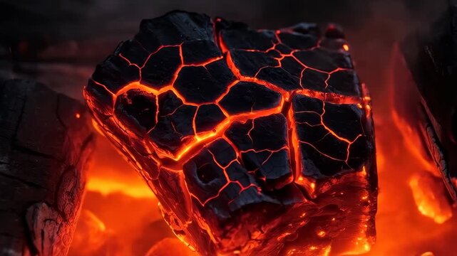 Glowing Ember: A close-up shot captures the intense heat and raw power of a glowing ember, showcasing the intricate patterns of cracks as fiery energy bursts through. 