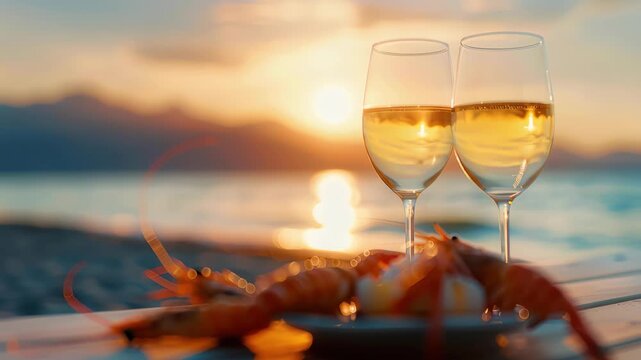 Seaside Soir&eacute;e: Two glasses of effervescent champagne glint against a romantic sunset backdrop, beside a tempting platter of seafood, capturing the essence of a serene seaside evening.