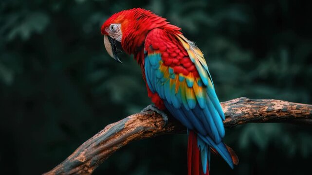 Vibrant Parrot Perched on Branch: A striking parrot with a magnificent plumage of vivid red, blue, and yellow feathers perches gracefully on a branch, its keen eye scanning the surroundings. 