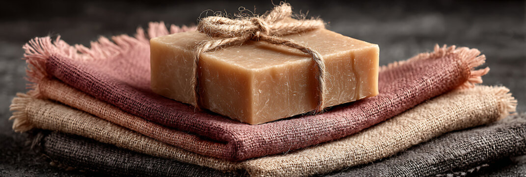 Natural Handmade Soap Bar Tied with Jute Twine Resting on Stack of Rustic Linen Fabrics for Organic Skincare Routine and Sustainable Wellness Spa Treatment Concept