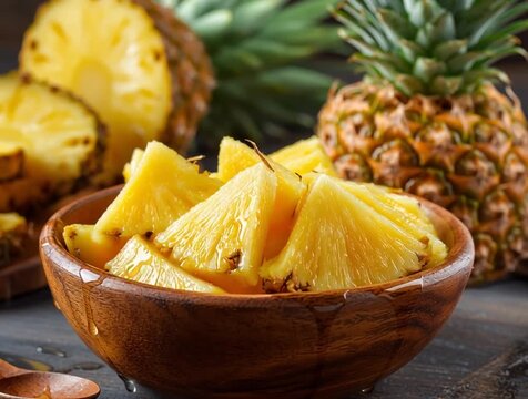 Sliced pineapple in wooden bowl with whole pineapples in background