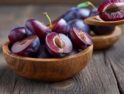 Sliced plum in wooden bowl with whole plums in background