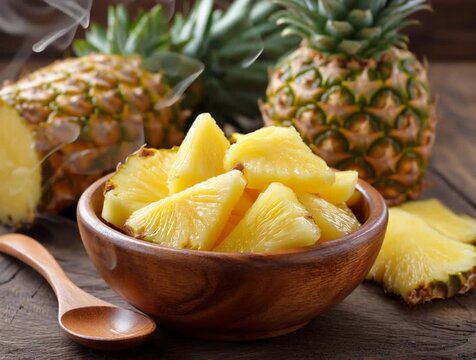 Sliced pineapple in wooden bowl with whole pineapples in background