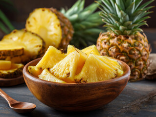 Sliced pineapple in wooden bowl with whole pineapples in background