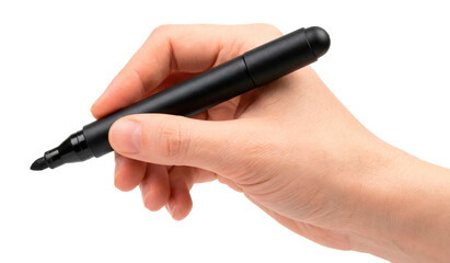 Hand holding black marker pen writing or drawing isolated on transparent background
