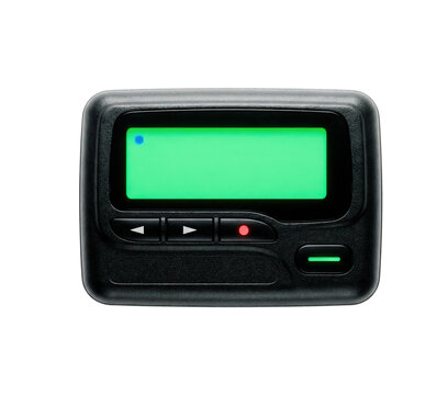 Black pager device with bright green display screen isolated on transparent background