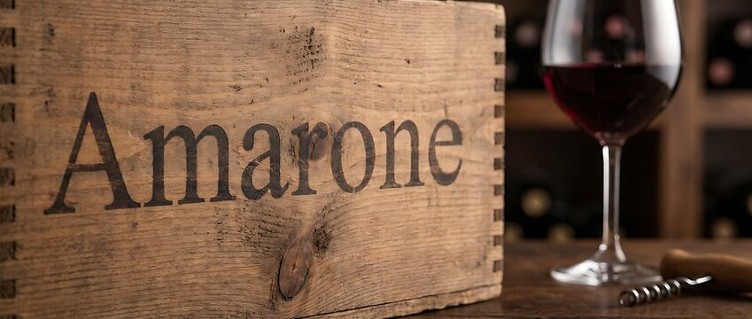 Red Amarone Wine Glass with Vintage Wooden Storage Crate