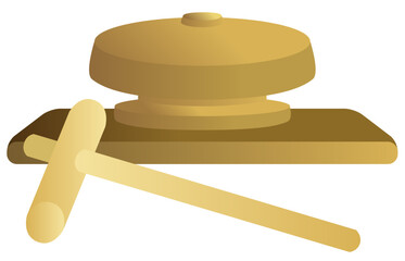 ボクシングやプロレス等の格闘技でよく使われる銅や鉄で作られたゴングとハンマーを金色中心でグラデーション効果も付けてデザインしたイラストのグラフィックの素材