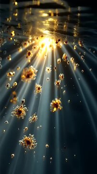 Underwater Sunlight Beams Through Water with Floating Particles and Organisms.