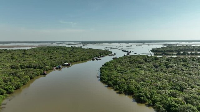 Traditional floating fishing village on Tonle Sap Lake