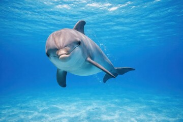 Obraz premium Dolphin Swims in Clear Blue Water Showcasing Its Playful Nature in an Underwater Scene Captured at Midday in a Tropical Location