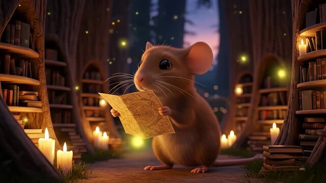 A cute mouse reading a map in a forest library illuminated by candles and fireflies
