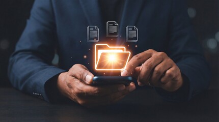 Professional using a smartphone to access digital documents and folders, holographic interface, modern corporate business concept