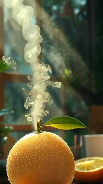 Orange with steam rising, a refreshing citrus fruit, healthy food concept.