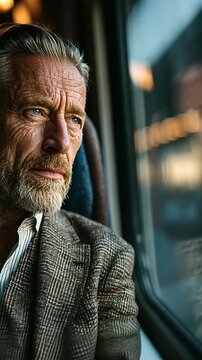 Pensive Man on Train - A Moment of Reflection During Travel.
