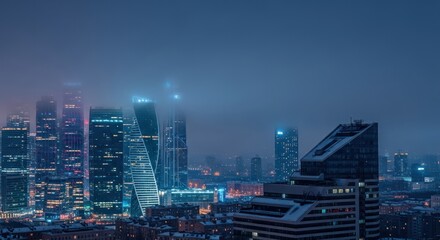 Fototapeta premium modern cityscape at night with skyscrapers and fog