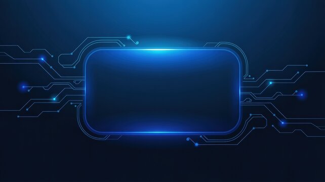 Futuristic abstract circuit board pattern in glowing blue tones with a central blank rectangular area for text or design elements.