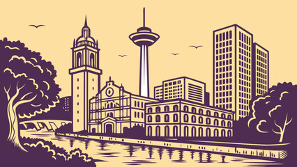 Obraz premium Illustrated san antonio skyline with buildings, trees, and a river. Perfect for texasthemed designs, travel brochures, and cityscape presentations.