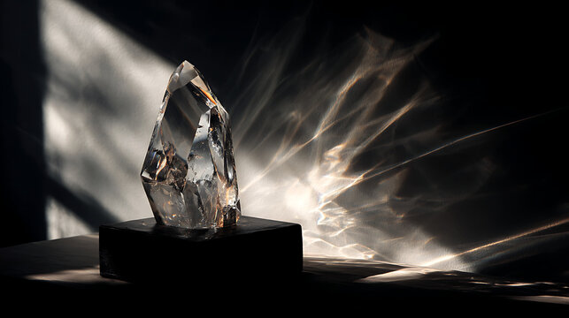 Captivating Crystal Formation: A Natural Gemstone's Brilliance Illuminated by Dramatic Light Play and Shadow