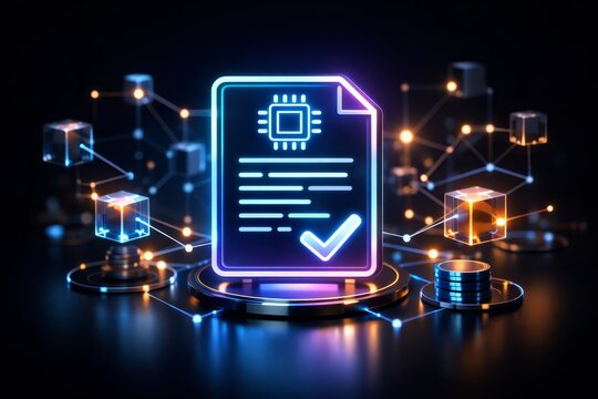 Neon digital certificate with microchip icon and verification checkmark on a futuristic platform surrounded by connected blockchain nodes and glowing data cubes
