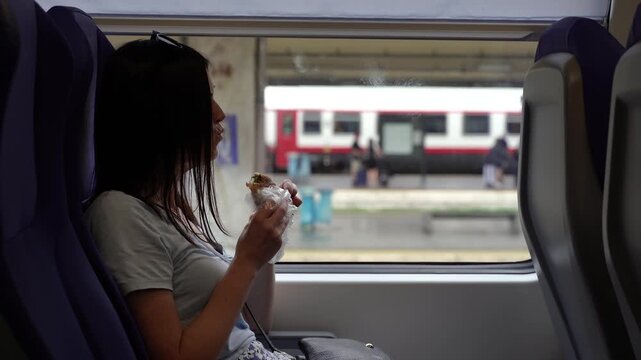 A tourist is sitting on a train and eating a sandwich.