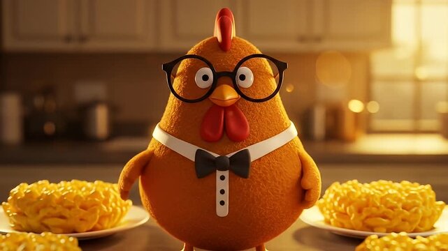 Cartoon chicken in a tuxedo and glasses stands near plates of krumkake