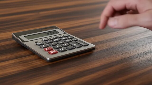 Hand presses a button on a calculator sitting on a dark, patterned wooden surface