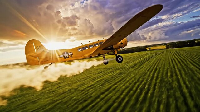Yellow agricultural crop duster plane spraying field at sunset. Farming aviation concept