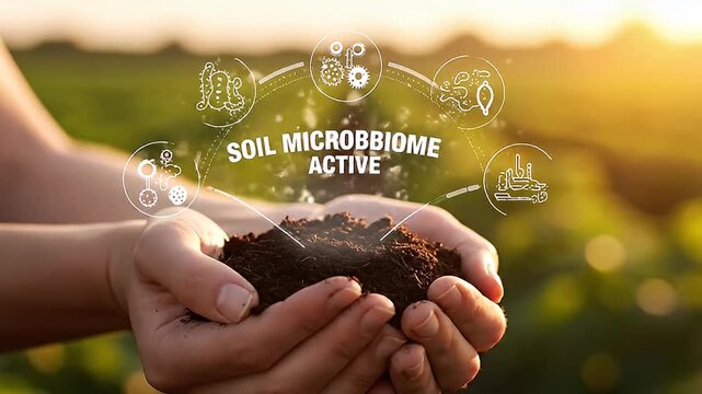 Hands holding soil with active soil microbiome visualization.