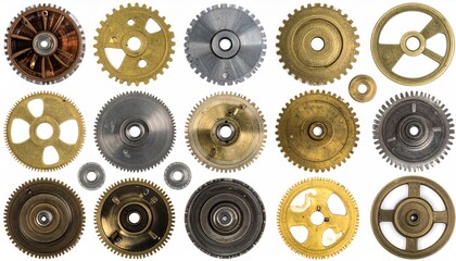 Collection of Vintage Clockwork Gears and Cogs on White Background.
