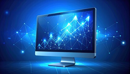 Computer screen displaying a rising graph with network connections.