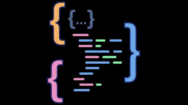 AI Code Generation Animation. Code brackets icon symbolizing AI code generation, software development automation and machine learning. Transparent Background with Alpha Channel
