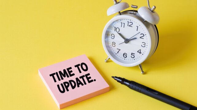 Urgent call for updates with a classic alarm clock and a pink 'Time to Update' sticky note on a bright yellow desk.