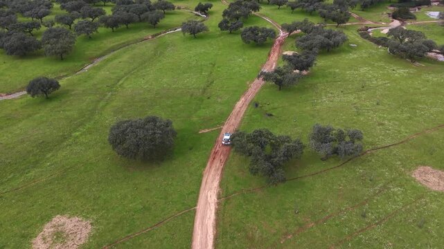 Rural Police Patrol Car Driving Through Dehesa, Monitoring Fields to Protect the Environment and Prevent Crimes