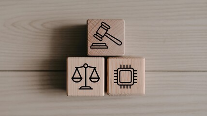 Three wooden blocks with law and technology icons on a light wooden surface