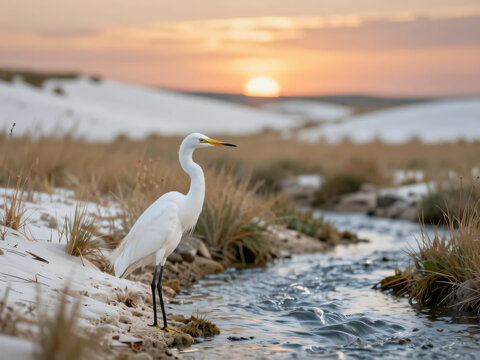 Beyaz kum ve dere kenarında bir ak balık&ccedil;ıl.