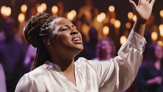 Gospel Singer Worships with Passion and Raised Hands in Choir
