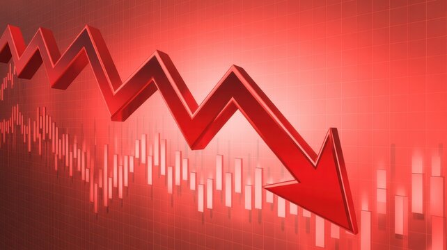 Dramatic 3D render of a red downward trending arrow graph symbolizing financial loss, economic recession, or market crash on a grid background.