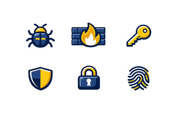Cybersecurity icon set featuring bug firewall key shield padlock and fingerprint symbols for internet safety and data protection